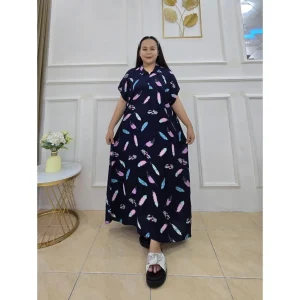 Dovira Daster Dress Kerah Rayon Motif Semata Kaki Motif Bulu